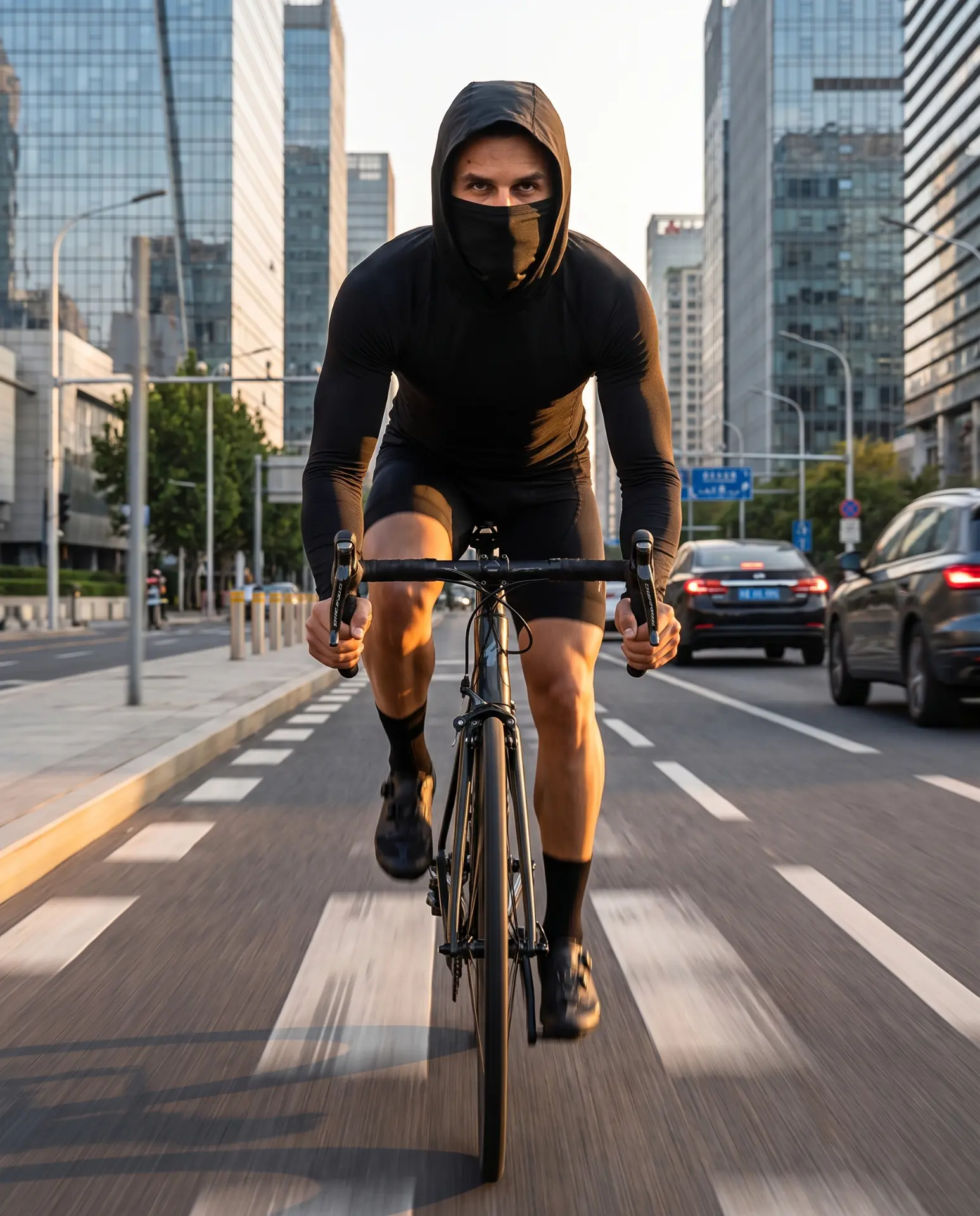 Ciclista en la ciudad usando la camiseta con capucha y tapabocas